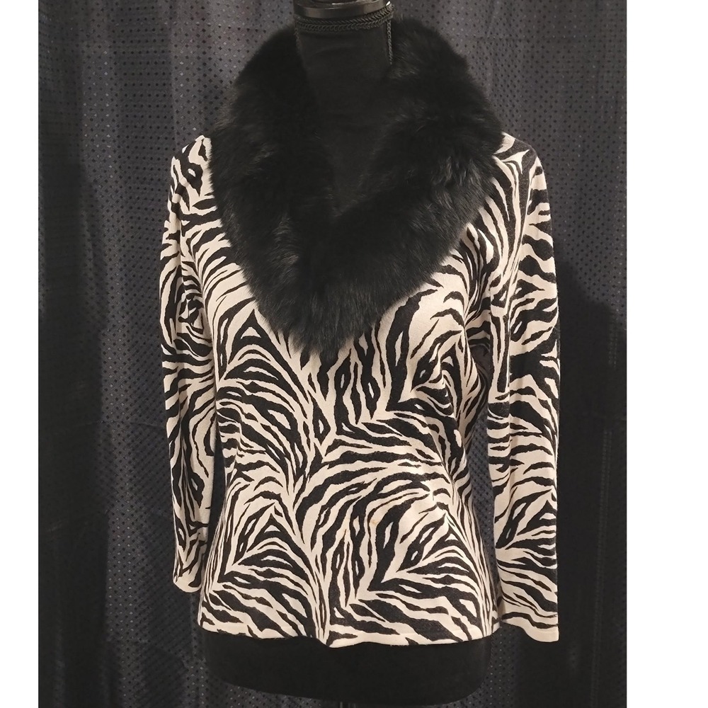 Alberto Makali Zebra Print Faux Fur Collar Knit Top Black White Animal Blouse M